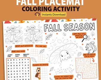 以下が含まれることがあります： 「FALL PLACEMAT COLORING ACTIVITY」と「FALL SEASON」の文字が入った白いランチョンマット。間違い探し、三目並べ、単語検索などの塗り絵アクティビティが含まれています。葉、カボチャ、リスなど、秋をテーマにしたイラストが特徴です。