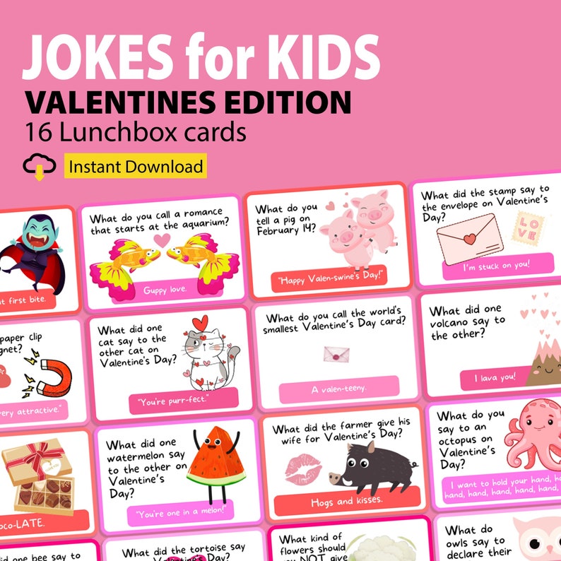 Printable Valentine's Day Jokes for Lunchbox for Kids, Lunchbox Notes, Lunchbox Cards, Printable ...