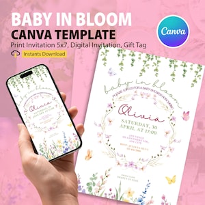 Baby in Bloom Invitation CANVA Template, Wildflowers Baby Shower Invitation, Purple Pink Flower Invitation, Floral Baby Brunch Invite