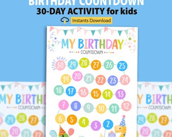 Birthday Countdown Printable for Kids, Birthday Advent Calendar for Kids Printable, Birthday Countdown for Kids, 30-Day Birthday Activity