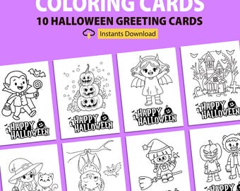 Halloween Coloring Cards for Kids: Set of 10 Printable Greeting Cards (Digital Download)