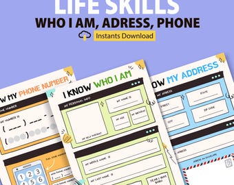 Life Skills Printable Worksheet Set: Address, Phone Number, All About Me (Digital Download)