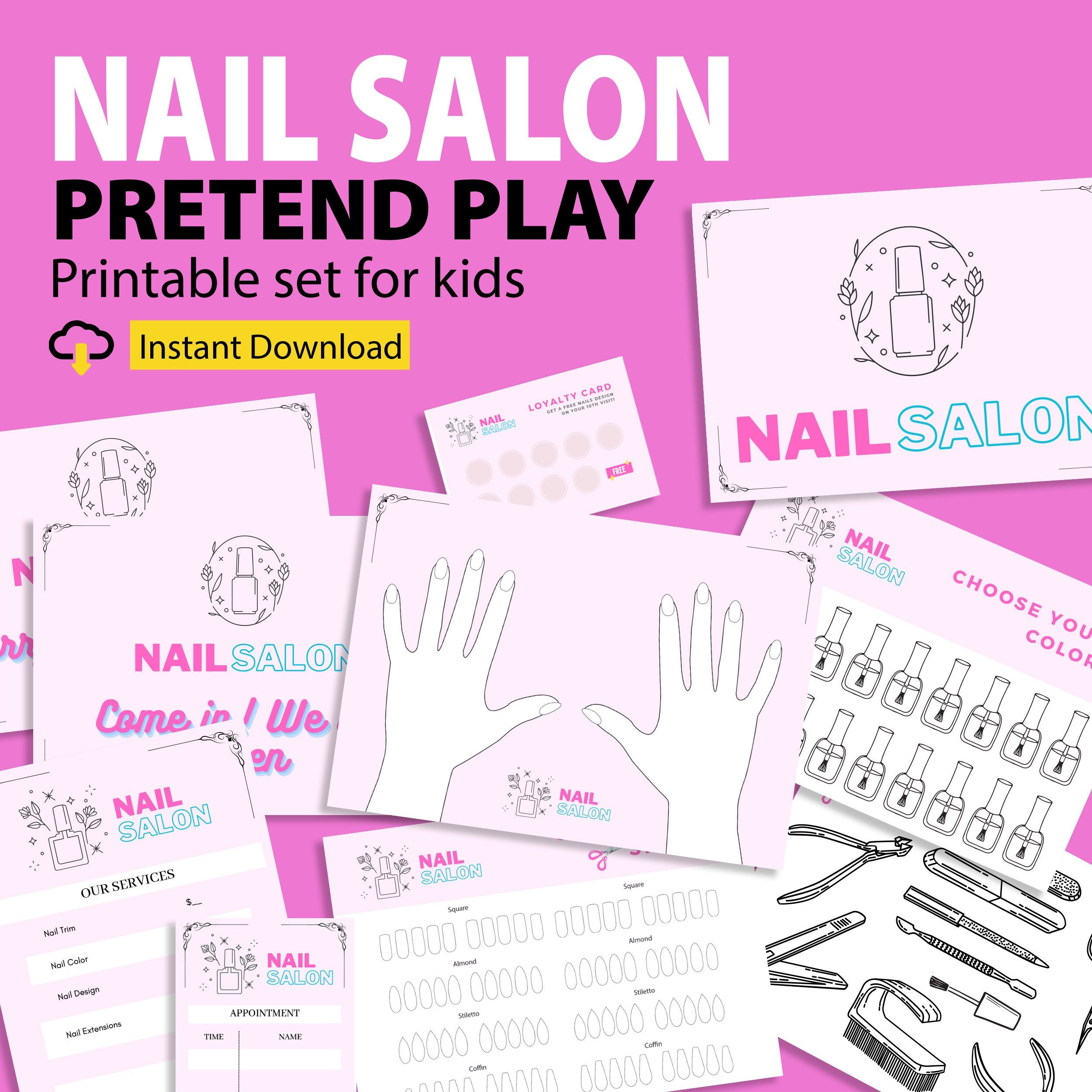 Pretend Play Nail Salon Printable, Kids Manicure Play, Kids Pretend
