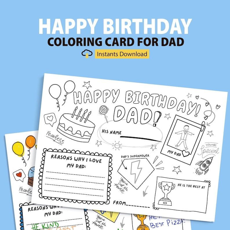 Dad Birthday Coloring Page: Printable Card for Kids (a4/letter PDF ...