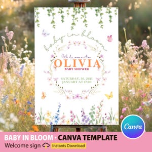 Editable Baby In Bloom Welcome Sign CANVA Template, Baby in Bloom Baby Shower Welcome Sign, Wildflower Welcome Sign, Butterfly Welcome Sign