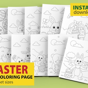 Könnte beinhalten: Ein Set mit 10 Schwarzweiß-Malvorlagen zum Thema Ostern mit Hasen, Küken, Eiern und Körben. Die Vorlagen sind für Kinder zum Ausmalen gedacht und in zwei Größen erhältlich. SOFORTIGER Download.