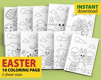 Easter Bunny Coloring Pages for Kids Printable, Easter coloring book, 10 Digital Coloring Sheets Bundle, easter coloring activity