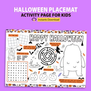 Halloween Activity Placemat: Kids Coloring Page, Games (Digital Download A4/Letter Size PDF)