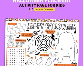 Halloween Activity Placemat: Kids Coloring Page, Games (Digital Download A4/Letter Size PDF)