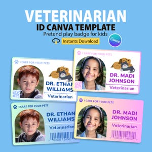Veterinarian ID Card for Kids Pretend Play & Dress Up CANVA Template, Pretend Play Name Badge Printable, Kids ID Name Badge Animal Doctor