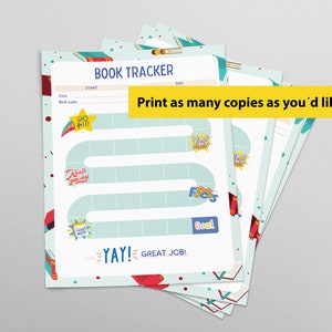 Puede incluir: Un rastreador de libros imprimible con un divertido dise&ntilde;o de tablero de juego. El tablero presenta un camino azul con iconos coloridos y el texto "Go for it!" "Keep going!" "Yes! You're doing great!" "Focus!" y "Goal!" El tablero tambi&eacute;n incluye el texto "Start" y "End".