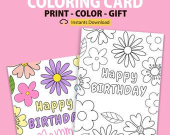 Printable Flowers Birthday Coloring Card for Kids, DIY Digital Download, Printable PDF, Happy Birthday Color Your Own Card