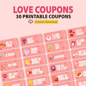 30 Love Coupon Book Printable for couples, Printable Coupons Birthday Gift Love Coupons Anniversary Gift for Her DIY Gift for Him