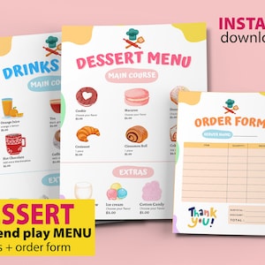 Menú de postres de restaurante para jugar a la simulación, menús para jugar con niños, menús para jugar con la cocina para niños, juego dramático, menú de restaurante para jugar