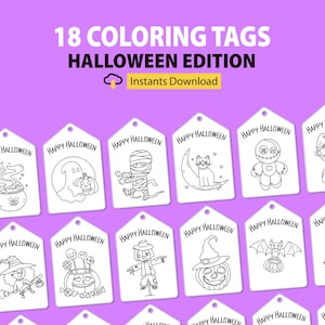Happy Halloween Coloring Gift Tags, Party Treat Favor Tags, Halloween Activity Game, Halloween Basket Tags, Halloween Treat Tag