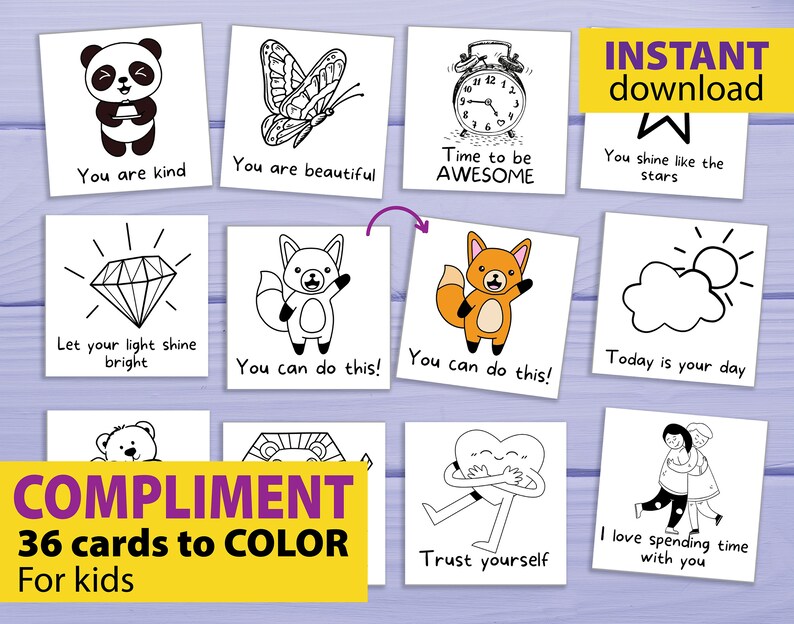 Kindness Cards for Kids PRINTABLE Compliment Coloring Cards - Etsy