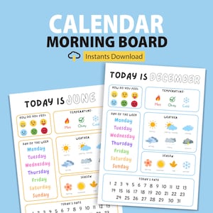 Pizarra matutina imprimible, pizarra de círculo preescolar, calendario diario para niños, tabla del clima y las estaciones, imprimibles para preescolar