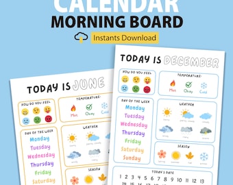Preschool Morning Board: Daily Calendar, Weather Chart (Digital Download A4/Letter Size PDF)