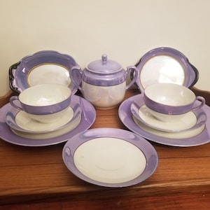 Vintage Blue Noritake Lusterware 10 Piece Set - Plates, Teacups, Sugar Bowl, and Trinket Bowls