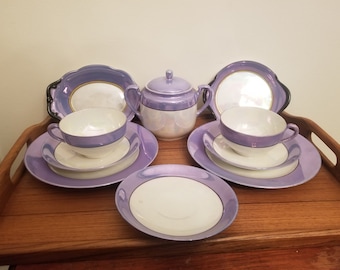 Vintage Blue Noritake Lusterware 10 Piece Set - Plates, Teacups, Sugar Bowl, and Trinket Bowls