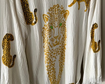Musselin Göttin Tigerauge Bambus Kimono Weitärmel Boho Kaftan Kleid Cardigan Nomade Bio Schal Jacke Cover Up, Biobaum handbedruckt