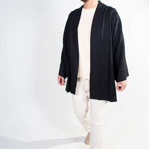 Linen Unisex Short Kimono Robe Black Kimono Black Haori Jacket - Kimono Cardigan - Kimono Robe