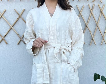 Handmade Muslin Cotton Robe: Lightweight 4-Layer Loungewear