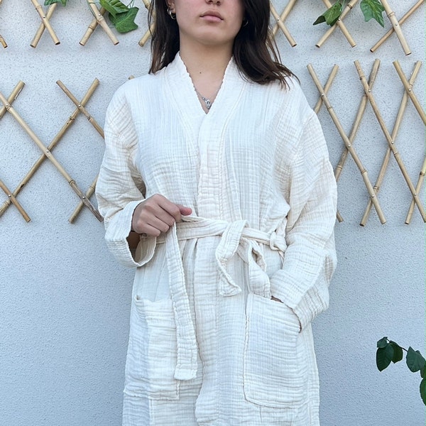 100 % Cotton 4 Layers Muslin Bathrobe, Soft Organic Breathable Bathrobe, Lightweight Muslin Soft Bathrobe, Unisex Muslin Robe