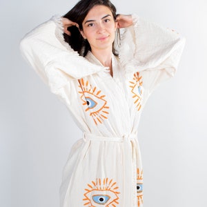 Kimono en coton naturel avec imprimé yeux - Design fait main respectueux de l&#39;environnement - Léger, respirant et élégant - Parfait pour les vêtements de détente ou pour se couvrir la plage
