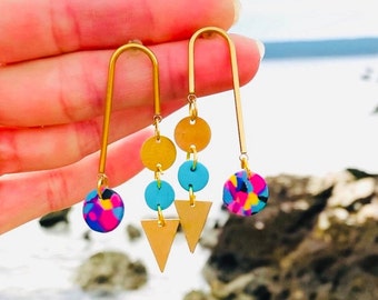 Colorful Statement Earrings. Modern Geometric Earrings. Colorful Geometric Earrings. Funky Statement Earrings. Statement Geometric Earrings.