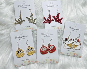 Japanese lucky symbols earrings - Daruma , Maneki-neko , Cranes