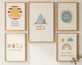 Posters för klassrum med lugn hörna, väggkonst för mental hälsa, dekor för skolkuratorns kontor, tryck för emotionell reglering, dekor för copingfärdigheter, set med 5