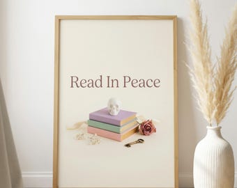 Läs i fred dödskalleposter, pastellgotisk boklig väggkonst, mörk akademisk halloweendekor, rosa läskig biblioteksskylt, söt bokmalstryck