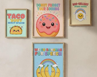 Logopedposters Set med 4: Kawaii matordlekar, Pediatrisk logopeddekor (digital nedladdning)