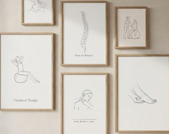 Sjukgymnastik Kontorsdekor Set med 6 Fysioterapi Linjekonst Kiropraktik Väggkonst Massageterapeut Gåva Minimalistisk Klinik Utskrivbara