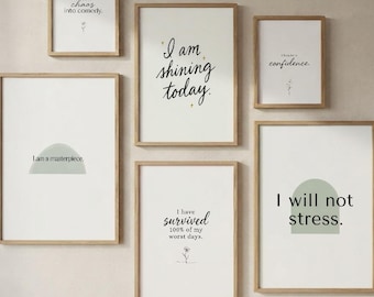 Set med 12 minimalistiska, dagliga affirmationer, terapi, väggkonst, utskrivbara posters för terapeut, kontor