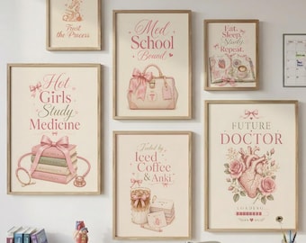 Dekor för studentboende i förberedande studier, väggkonst för heta tjejer som studerar medicin, affischpaket med framtida läkare, tryck med kokett läkarstudent, Anki-motivation