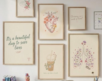 Väggkonstset med blommig anatomi, present till läkarstudent, dekoration för examen från sjuksköterskeskolan, gotisk affisch med anatomiskt hjärta, tryck för sjuksköterskeklinik