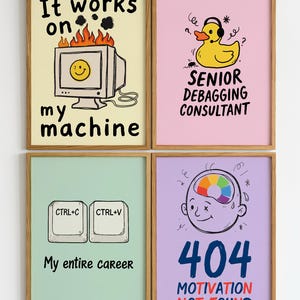 Funny programmer wall art featuring a yellow rubber duck wearing headphones with the text Senior Debugging Consultant. Computer science desk decor.