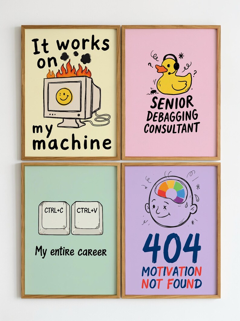 Funny programmer wall art featuring a yellow rubber duck wearing headphones with the text Senior Debugging Consultant. Computer science desk decor.
