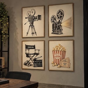 Pode incluir: Quatro quadros de parede com ilustrações de temática cinematográfica: uma câmara de filmar vintage num tripé, um projetor, uma cadeira de realizador com uma claquete e um balde de pipocas às riscas com dois bilhetes Admit One.