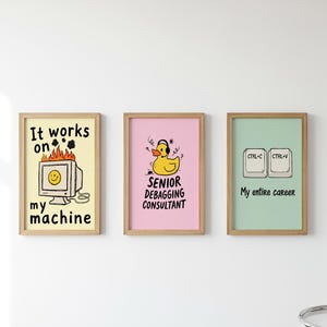 Funny programmer wall art featuring a yellow rubber duck wearing headphones with the text Senior Debugging Consultant. Computer science desk decor.