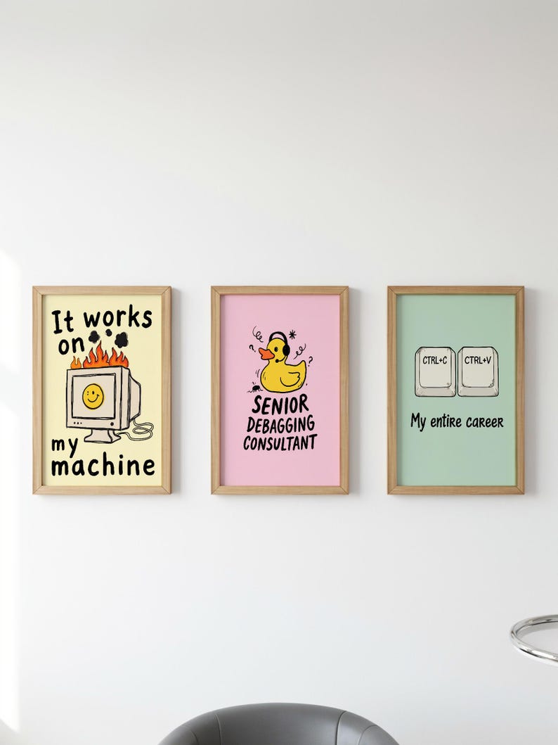 Funny programmer wall art featuring a yellow rubber duck wearing headphones with the text Senior Debugging Consultant. Computer science desk decor.
