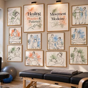 May include: A gallery wall featuring eleven framed prints with line art illustrations of physical therapy and massage techniques, including two prints with the text Healing Takes Time, Practice & Patience and Movement Is Medicine.