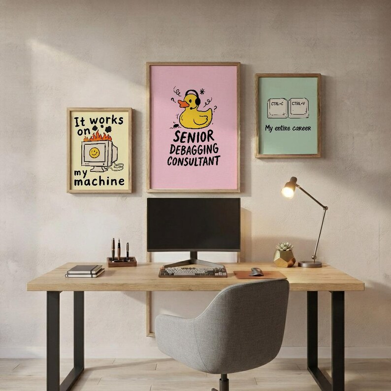 Funny programmer wall art featuring a yellow rubber duck wearing headphones with the text Senior Debugging Consultant. Computer science desk decor.