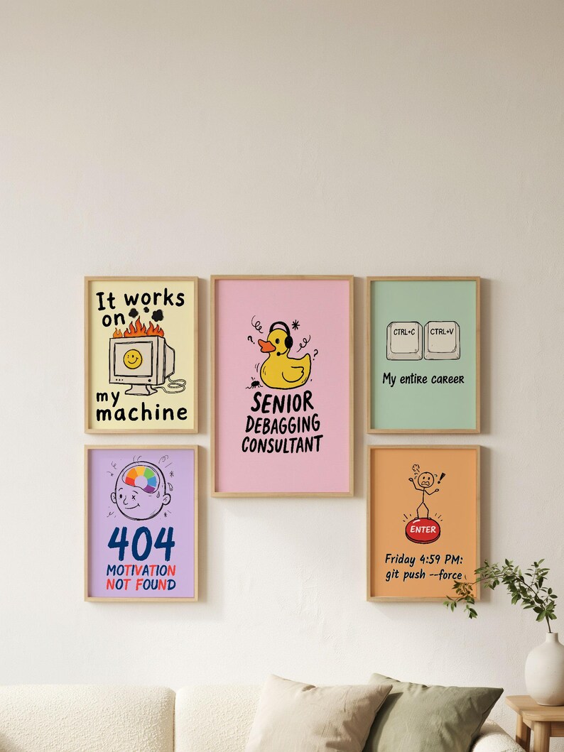 Funny programmer wall art featuring a yellow rubber duck wearing headphones with the text Senior Debugging Consultant. Computer science desk decor.