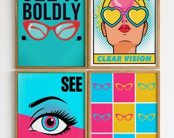 Optiker väggkonst set med 6 retro popkonst glasögon optiker gåva ögonläkare dekor oftalmologi klinik dekor färgglad glasögon poster