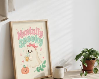 Mentalt läskig iskaffe-poster, söt spökeväggkonst, sommartryck, rosa rosett Halloweendekor, trendig höst- och studentrumscanvas