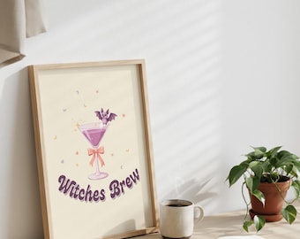 Häxor brygger cocktailposter, pastellfärgad Halloween-dekor, sommarväggkonst, rosa fladdermustryck, söt gotisk barvagnsskylt, digital läskig drink