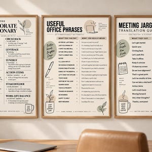 May include: Three framed wall art prints featuring beige backgrounds with black text and line drawings. The prints are titled The Corporate Dictionary, Useful Office Phrases, and Meeting Jargon Translation Guide, displaying definitions and translations.